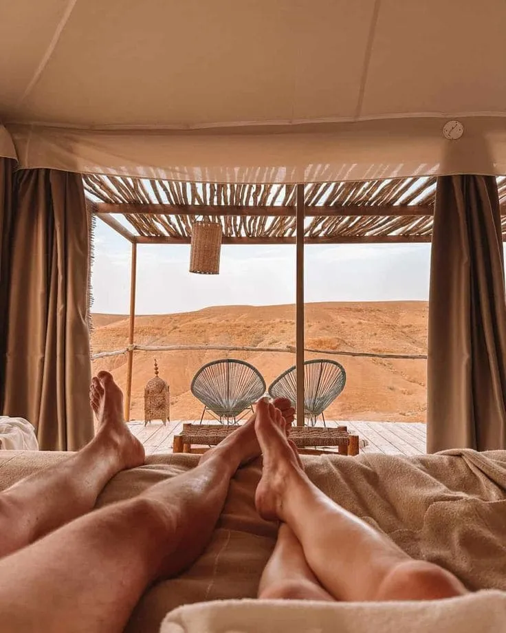 Agafay Luxury Camp – A Gem in Agafay Desert, Morocco View from a luxury desert tent in Agafay, near Marrakech, Morocco